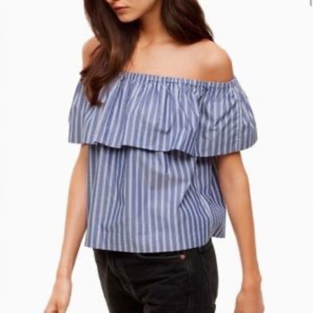Aritzia | Wilfred | Hollande Off the Shoulder Blouse — Blue/White | Size Small